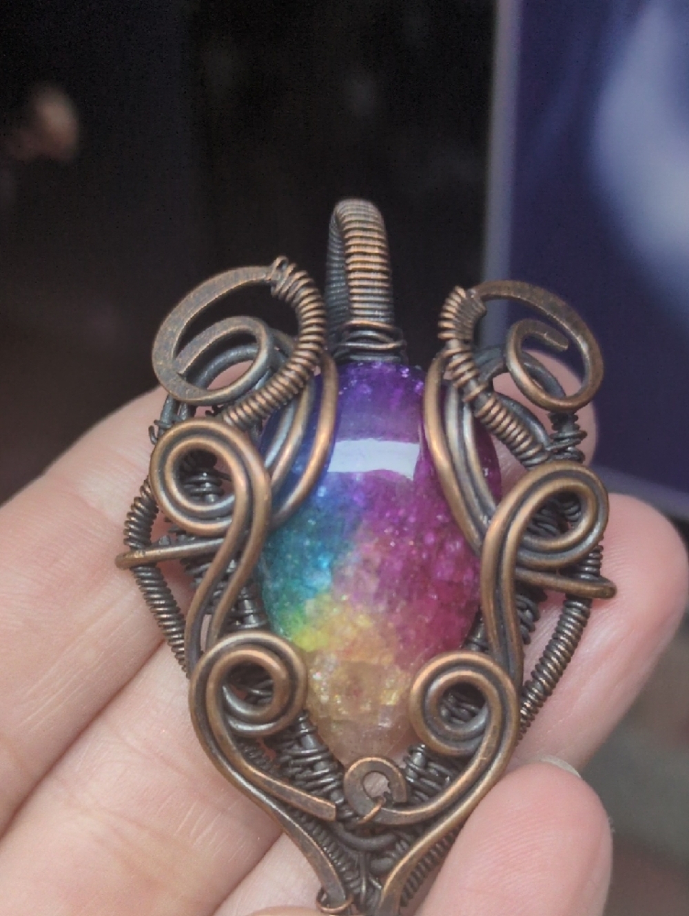 Copper Wire-Wrapped Rainbow Quartz Pendant